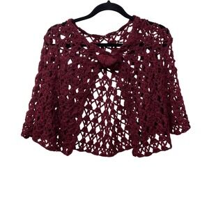Burgundy Open Crochet Rosette Capelet Shawl Dark Romantic Whimsygoth Coquette OS